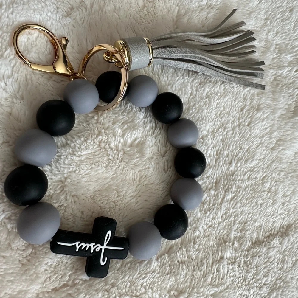 Wristlet Keychain Jesus Cross Tassel Black & Gray Beaded Keychain Bracelet NWT